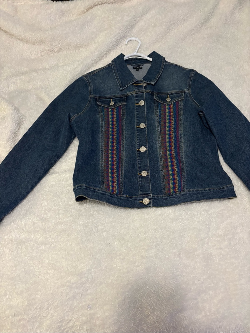 Hannah Dark Blue Denim Jacket with Multicolor Woven Panels